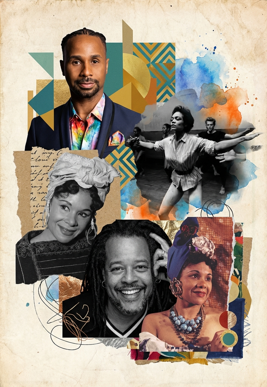 Artistic mixed-media collage featuring Katherine Dunham with watercolor and gold foil accents